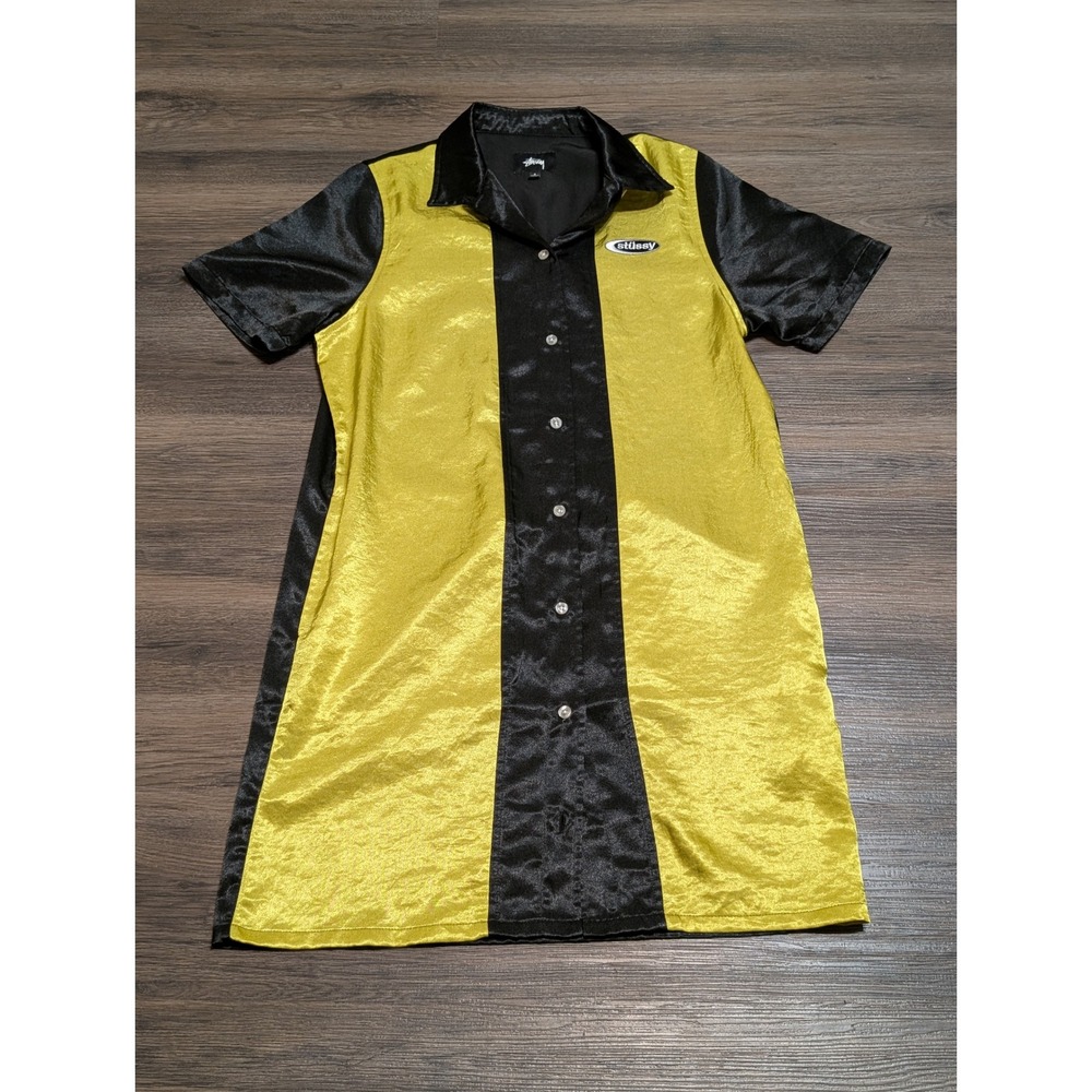 Stussy‎ Womens Small Yellow Black Daria Bowling Shirt Button Down Mini Dress